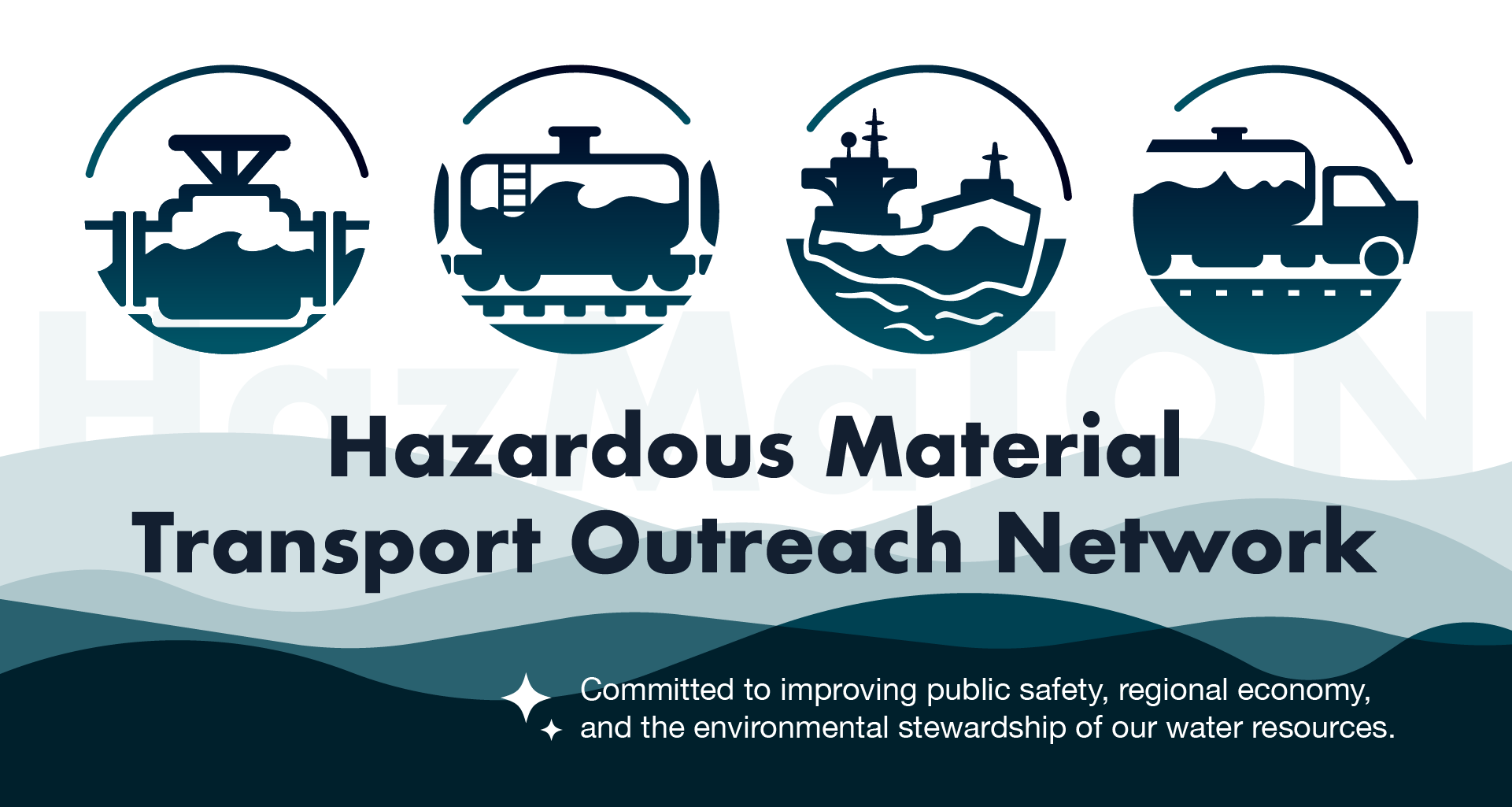 Logos for the Hazardous Material Transportation Outreach Network (HazMaTON), featuring train cars, freighters, and trucks.