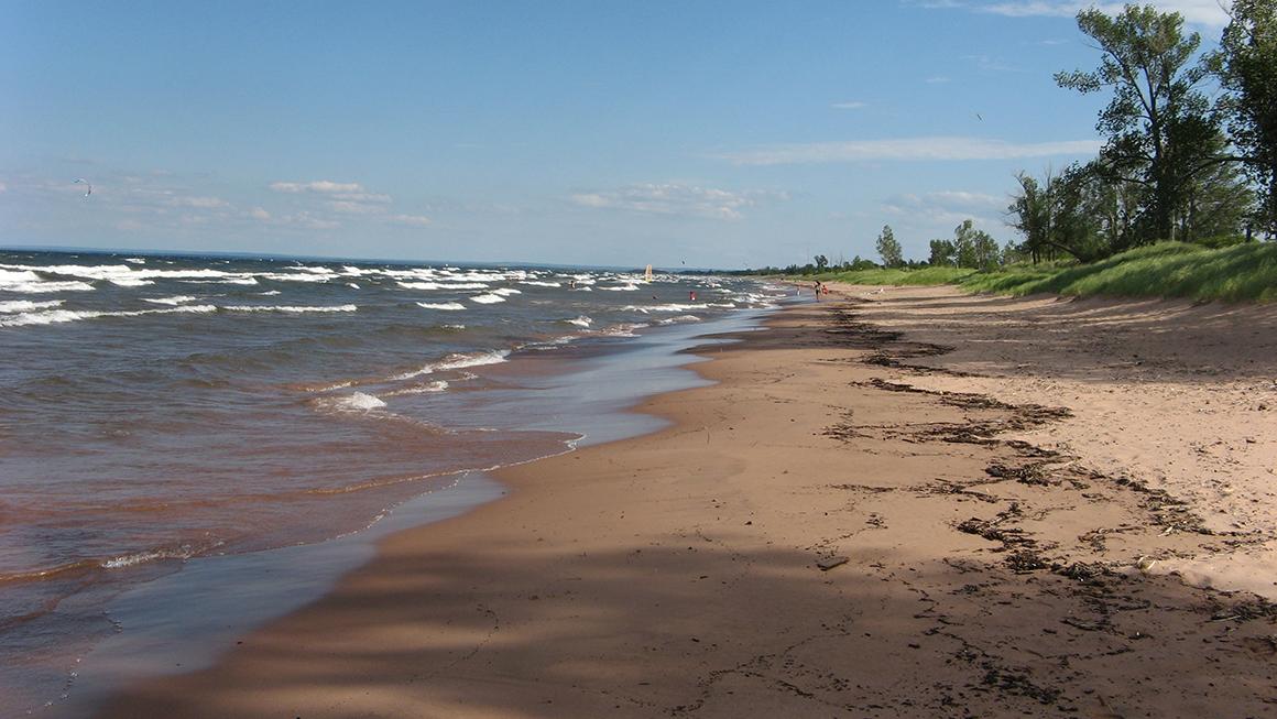 Waves rolling onto wide grassy beach