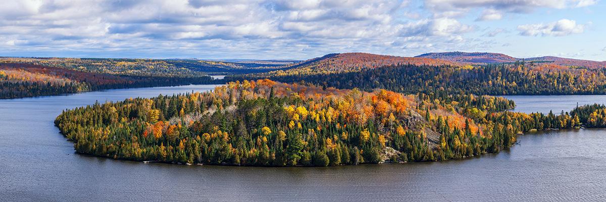 Fall foliage vista of the Superior National Forest. View on Caribou Lake, North Shore of Lake Superior, Minnesota.