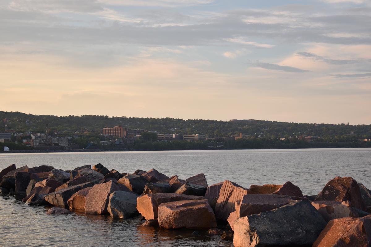 Image of a man-made rock jetty in Lake Superior.