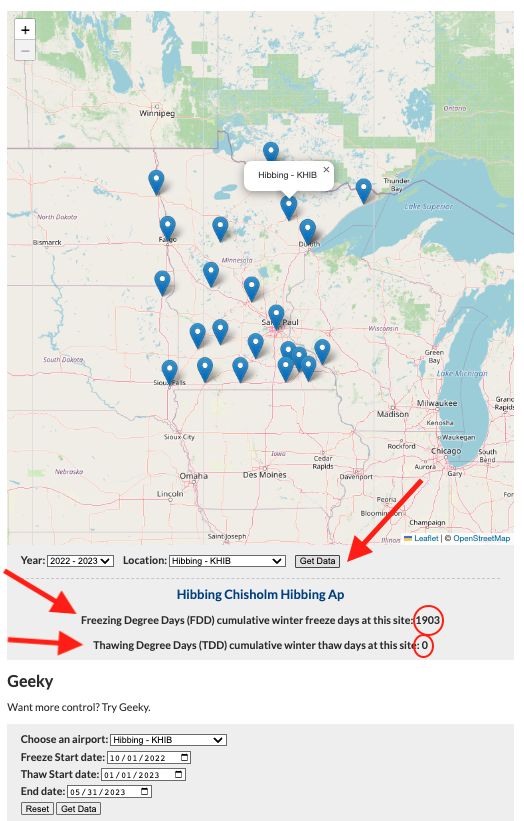 Map of Minnesota with arrow pointing to the airport in Hibbing.