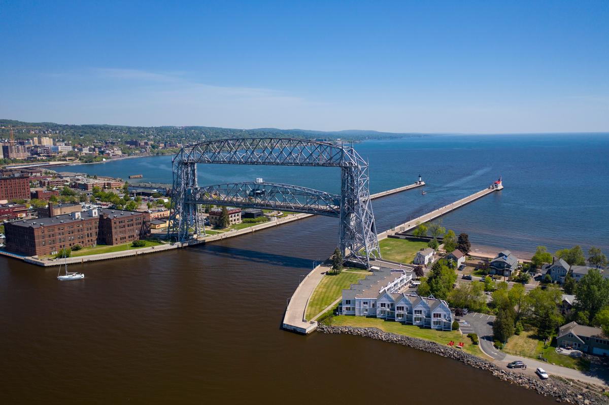 The Duluth Harbor Lift Bridge on a sunny day. 